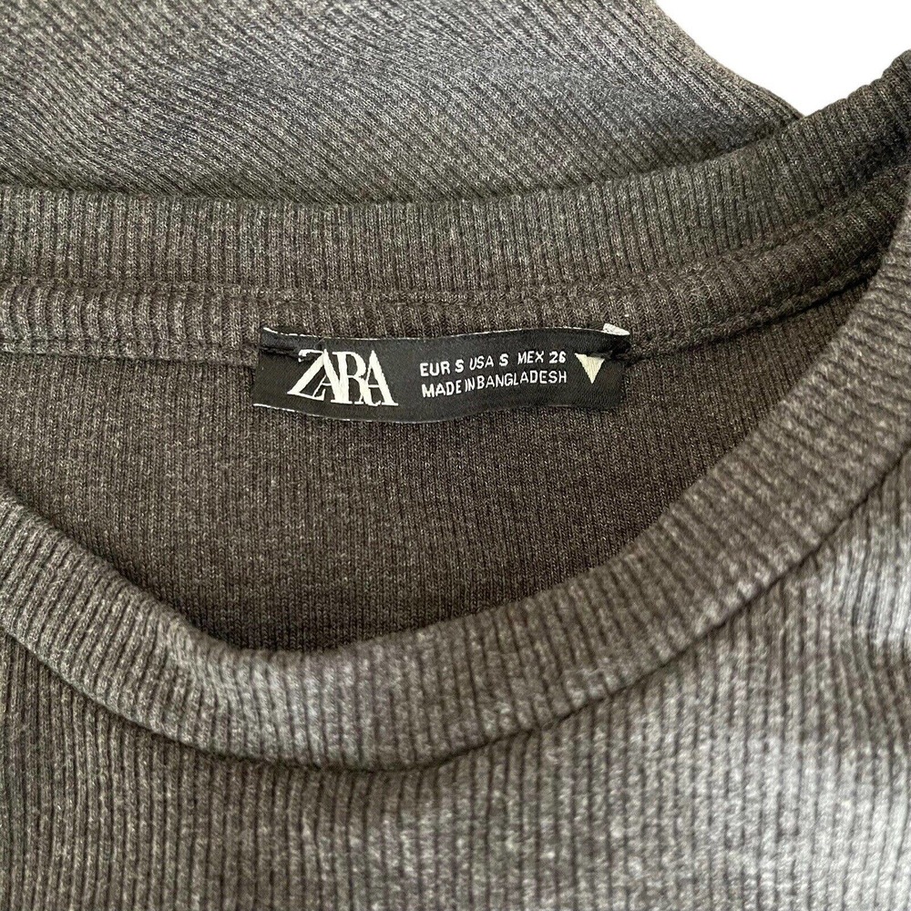 ZARA Small Ruched Ribbed Dress Mini Short Sleeve Dark Gray Short Stretch - Picture 2 of 10